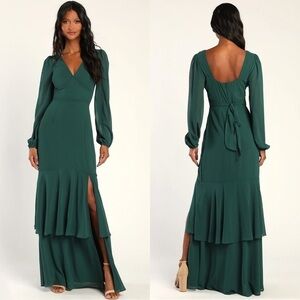 NWT Lulu's Tier Elegance Hunter Green Long Sleeve Tiered Maxi Dress  size Large